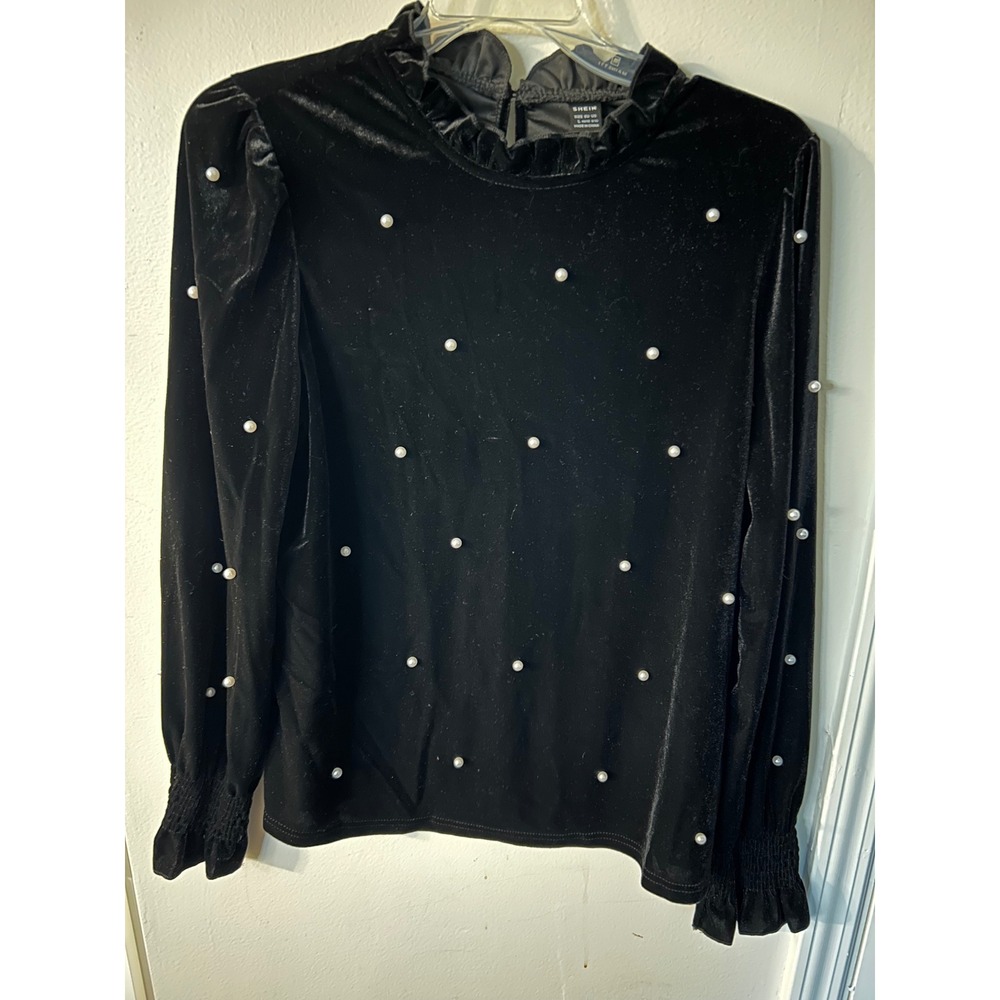 SHEIN Black Velvet-like faux Pearl Embellished Ruffled Neck Blouse Womens Large‎